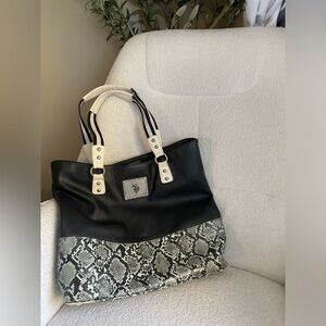 Large U.S. Polo Assn. tote bag with a black body and a snakeskin print NWOT